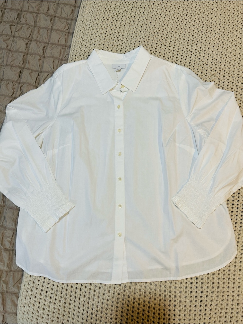 NWT J. Jill White Long-Sleeve Button-Up Shirt w/ Blouson Sleeves, Smocked Cuffs